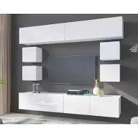 Ravio Wohnwand Amanda VIII, Stilvoll Anbauwand vom Hersteller, Moderne Schrankwand, Mediawand 210cm (Weiß / Weiß Hochglanz)