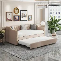 Autolock Polsterbett Kinderbett 90x200(Beige)Ausziehbares Schlafsofa Strapazierfähiger Leinenstoff Jugendbett Kinderbett Gästebett