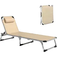 BundiGlassware Sonnenliege faltbar Gartenliege mit Kopfkissen ergonomisch Relaxliege mit 4-stufig verstellbaren Rückenlehne Alu bis 120 kg belastbar für Garten, Terrasse, Pool, , Strand,Beige