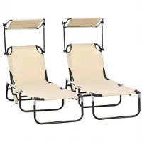 Xkiss 2er Set Sonnenliege mit Sonnendach 5-Fach höhenverstellbarer Rückenlehne Gartenliege Campingliege Beige