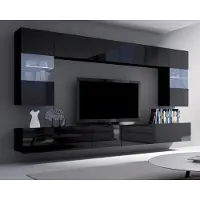 Ravio Wohnwand Amanda I Breite 300cm, Anbauwand vom Hersteller, Moderne Schrankwand, Mediawand (Schwarz / Schwarz Hochglanz)