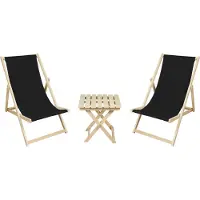 Meblośtyl 2 x Liegestuhl + Beistelltisch Strandliege Holz Sonnenliege Gartenliege Gartentisch Schwarz