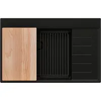 PrimaGran Spülbecken Alles Schwarz 78x50cm, Granitspüle 1 Becken + Ablauf-Set + Küchenzubehörset, Küchenspüle ab 60er Unterschrank - Sydney