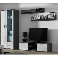 Furniture24 Wohnwand SOHO 11 mit Blauer LED Beleuchtung, Anbauwand, Wohnzimmerschrank, Schrankwand, Vitrine, Lowboard, HängeregalGrau/Weiß Hochglanz
