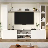 XTEILC TV Wohnwand-set mit Vitrinen inkl.TV-Board, Standregal und 2 Wandregal TV Wohnzimmermöbel-Set bis 80' 180*35*33.5cm Weiß