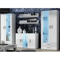 Furniture24 Wohnwand SOHO 10 mit Blauer LED Beleuchtung, Anbauwand, Wohnzimmerschrank, Schrankwand, Vitrine, Lowboard, Hängeregal Weiß/Weiß Hochglanz…