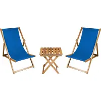 Meblośtyl 2 x Liegestuhl + Beistelltisch Strandliege Holz Sonnenliege Gartenliege Gartentisch Geölt Blau