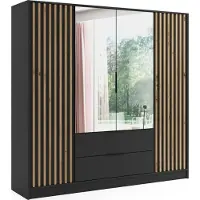 ALTDECOR Kleiderschrank NERA mit Spiegel und selbstschließenden Flügeltüren mit Lamel - 200 cm Schwarz / Artisan