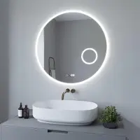 AQUALAVOS Wandspiegel Badspiegel mit Beleuchtung rund Lichtspiegel Bad badezimmerspiegel 80x80 cm 3-fach-Vergrößerung Kaltweiß dimmbar Digitaluhr beschlagfrei