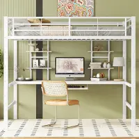 Xdovet Hausbett mit Schreibtisch und zwei Bücherregalen Hochbett Kinderbett Einzelbett Metallbett 140*200 cm Weiß