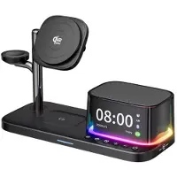 Exlene Qi2 25 W 5-in-1-Magnetischer kabelloser Ladeständer mit Lautsprecher 25 W Schnellladung für iPhone 17, 16, 15 Pro Max, AirPods, iWatch