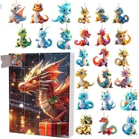 Welikera Dinosaurier-Adventskalender 2024, 24-Tage-Weihnachts-Countdown mit 2D-Acryl-Drachen-Anhängern, Weihnachtsbaum-Schmuck, Dinosaurier-Deko, 26x18x3cm, B