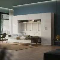 SMARTBett GmbH SMARTBett WOHNWAND Schlafzimmer Set Schrankbett 140x200cm H,Schränke, Hängeregal Weiss/Weiss Hochglanz