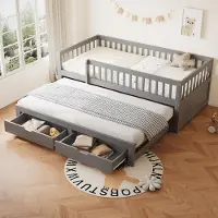 Sweiko Massivholz-Schlafsofa 90x200 cm, Vollverkleidetes Sicherheitsgitter, Ausziehbares Bett mit 2 Schubladen Darunter, Mit Lattenrost, Kinderbett Jugendbett Gästebett Erwachsene, Grau