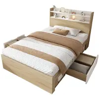 Xkiss Holz-Einzelbett 90x200 Weiß/Eiche, zweifarbiges Bett mit Kopfteil-Ablage, 2 Schubladen+offenen Fächern,teilweise Massivholz,praktisches Stauraumbett