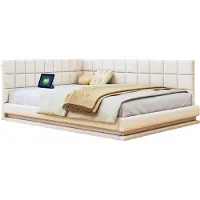 Xkiss Polsterbett Schlafsofa(140*200,Beige)Multifunktionsbettmit LED Lichtleiste, USB Steckdose und Lattenrost, hautsympathischer Samtstoff