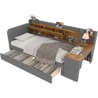 Xkiss Daybett,90*200cm,Tagesbett,Schlafsofa,mit 2 Schubladen,Schreibtisch,USB + Typ C,Flip Top Aufbewahrungsfach,Ablagefach,Bett mit Lattenrost,Leinen