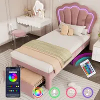 Xdovet Kinderbett LED Einzelbett mit Schubladen Polsterbett APP-Control LED Bettgestell Lattenrost und Verstellbares Kopfteil, Bettrahmen 90 x 200cm