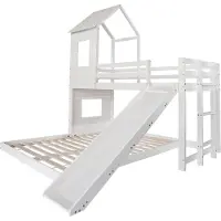 XTEILC Etagenbett mit Rutsche,Hausbett,Kinderbett,mit Fallschutzgitter,mit Fenster und Dach, mit dreistufige Leiter,Kiefer+MDF,90x200cm&140x200cm