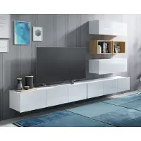 Ravio Wohnwand Amanda XVI TV Möbel Schrankwand TV Lowboard Wohnzimmer-Set Bücherregale Anbauwand (Weiß matt + Weiß Hochglanz Fronten / Goldene Eiche)