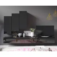Ravio Wohnwand Amanda XI Breite 300cm Anbauwand Moderne Schrankwand TV-Schrank (Schwarz matt + Schwarz Hochglanz Fronten)