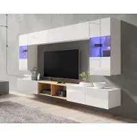 Ravio Wohnwand Amanda XIII Komplette Schrankwand Breite 300cm Anbauwand zwei Vitrinen TV-Schrank Wohnzimmer-Set (Weiß matt + Weiß Hochglanz Fronten / Goldene Eiche)