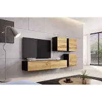 Furniture24 Wohnwand VIGO 23, Desing Mediawand, Modernes Anbauwand mit 3 Türen und 2 Klaptüren, Hängeschrank Tv Lowboard Schwarz/Wotan Eiche