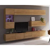 Ravio Wohnwand Amanda III Schrankwand mit Vitrine zwei tv-Schränke Oberschrank Gesamtbreite 255cm (Goldene Eiche)