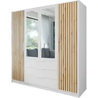 Furniture24 Kleiderschrank Bali D4 Lux Schlafzimmer 4 Türiger Drehtürenschrank 3 Schubkästen Schrank 1 Kleiderstange 5 Einlegeboden Spiegel Wotan Eiche Weiß Lammelenschrank