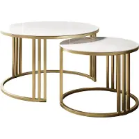 Lookway Runder Couchtisch 2in1 LORI GLASS gebürstetes Gold, weißes Glas