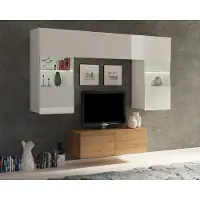 Ravio kompakte Wohnwand Amanda VI Oberschrank mit zwei Vitrinen und TV Schrank Wohnzimmer-Set (Weiß matt + Weiß Hochglanz Fronten / Goldene Eiche)