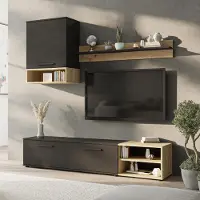 Ravio Wohnwand Vento 180 cm Modernes Wohnzimmer Set TV Schrank Regal Hängeschrank Schwarz Matt Eiche Artisan