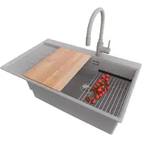 PrimaGran Granitspüle Grau 78x50cm, Spülbecken 1 Becken + Küchenarmatur 38x14cm + Ablauf-Set + Küchenzubehörset, Küchenspüle ab 60er Unterschrank - Sydney