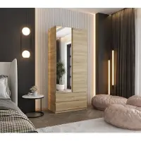 Caspian24 Kleiderschrank Sonoma Eiche 70 cm – Drehtürenschrank 190x70x48 cm – mit 1 Spiegel, Kleiderstange, Einlegeböden und 2 großen Schubladen – Schlafzimmers