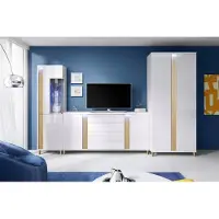 EURO-MEBLE Wandschrank Marco 7 Wohnzimmermöbel Set + Led (Weiss/Holz)