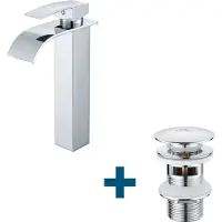 Auralum Waschtischarmatur Hoch Wasserfall Wasserhahn + Ablaufgarnitur mit Überlauf, Wasserhahn Bad mit Pop Up, Chrom