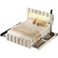 Xdovet Polsterbett(140 x 200,Weiss)Polsterbett mit 4 Schubladen,Kinderbett mit LED-Lichtleiste mit USB und Stereoanlage