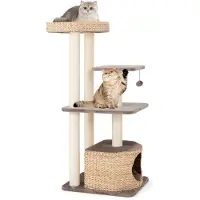 Goplus 131cm Katzenbaum, Kratzbaum mit Sisal-Kratzsäulen, Plattformen, Katzenhaus, Ball, abnehmbaren und waschbaren Kissen, Kaffee+Natur