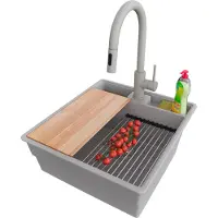 PrimaGran Granitspüle Grau 48x53cm, Spülbecken 1 Becken + Küchenarmatur 40x20cm + Ablauf-Set + Küchenzubehörset, Küchenspüle ab 50er Unterschrank - New York