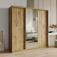 Masseno Schiebetürenschrank TAVI 200/205/60 cm Kleiderschrank mit Schubladen Schlafzimmer Schrank 3-türig mit Spiegel Eiche Artisan + Gold