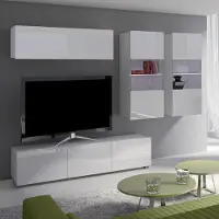 Lomadox Wohnwand Set mit 2 beleuchteten Hängevitrinen in weiß Hochglanz CAIRNS-132, B/H/T ca. 230/200/43 cm