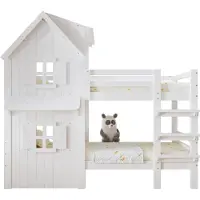XTEILC Etagenbett, Kinderbett, Schöne Fenster und Dach, Seitliche Sicherheitsgeländer, Dreistufige gerade Leiter, Stabile Lattenroste,Kiefer + MDF+Sperrholz