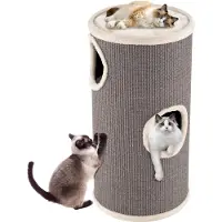 Goplus Kratztonne 3 Ebenen, 70 cm Katzentonne mit 3 Höhlen, Plüschbett, Liegefläche, Kratzbaum für kleine & mittelgroße Katzen, Ø 36 cm (Grau)