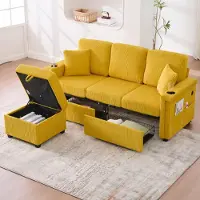 SUCCESS COURIER Modulares Ecksofa Senfgelb Samt Couch mit LED Beleuchtung USB-C Port Stauraum Schubladen Hocker Getränkehalter Seitentaschen Wohnlandschaft