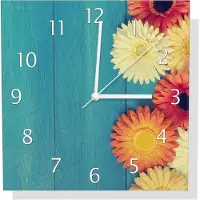 Wallario Design Wanduhr Bunte Gerbera auf Holz aus Echtglas, Größe 30 x 30 cm