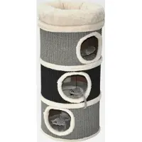 Markenlos Kratztonne Bella aus Sisal, Höhe 80 cm, Spieltonne für Katzen ø 35 cm, Katzenkratzbaum mit 3 Höhlen, Katzenbaum, Kratzturm aus Sisal, Katzenmöbel, Grau Schwarz