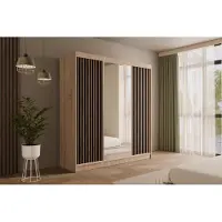 ALTDECOR Kleiderschrank mit Spiegel und Schiebetüren, Garderobenschrank mit Lamellentüren Schwebetürenschrank mit Lamel, Schrank V2-ZENTI 215x200 cm Sonoma Eiche/Schwarz