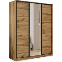 Masseno Schiebetürenschrank TARI 150/205/58 cm Kleiderschrank mit 4 Schubladen Schlafzimmer Schrank 3-türig mit Spiegel Eiche Wotan