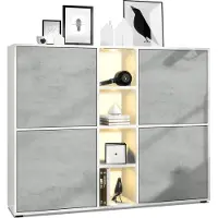 Vladon Highboard Cuba V3, Germany, Weiß matt/Beton Oxid Optik inkl. LED - Moderne Anrichte mit 12 Fächern (130,5 x 105,5 x 35,5 cm)