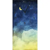 Wallario Design Wanduhr Wolkenhimmel mit Mond und Sternen aus Echtglas, Größe 30 x 60 cm